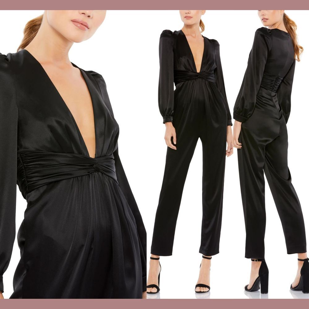 NWT $358 IEENA Mac Duggal [ 14‎ ] 2647 Front Twist Puff Sleeve Deep V Jumpsuit